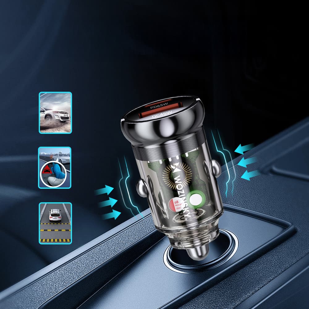 Avto polnilnik Wozinsky 65W USB-C PD in USB-A QC 3.0 - črn 5