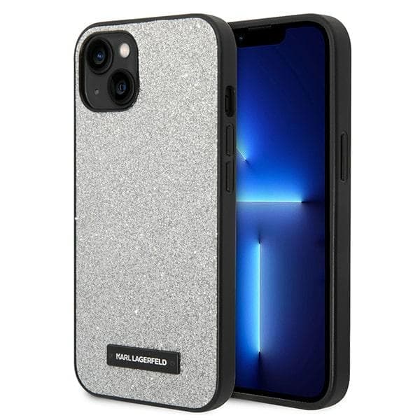 Karl Lagerfeld ovitek za iPhone 14 Plus Glitter Plaque Logo, srebrn