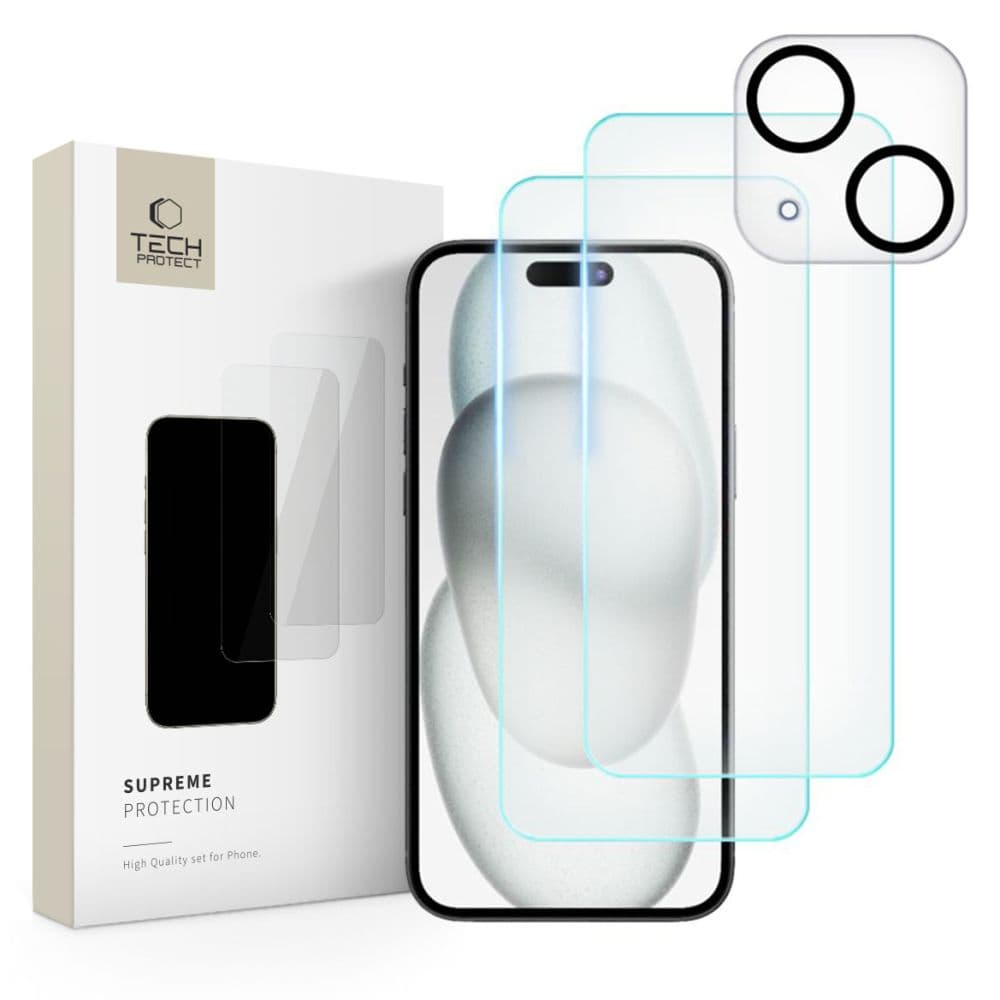 Tech-Protect Supreme set: 2x kaljeno steklo za iPhone 15 (zaslon + kamera)