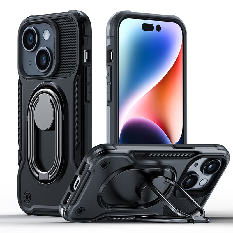 Joyroom Dual Hinge ovitek za iPhone 14 Plus - Črn (z obročem in stojalom)