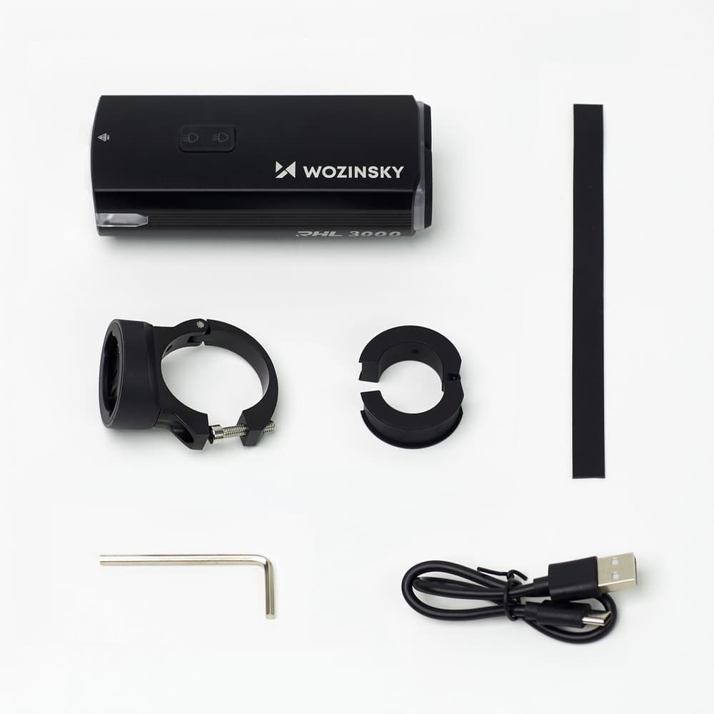 Prednja luč za kolo Wozinsky (3000 lm) z USB-C kablom, črna