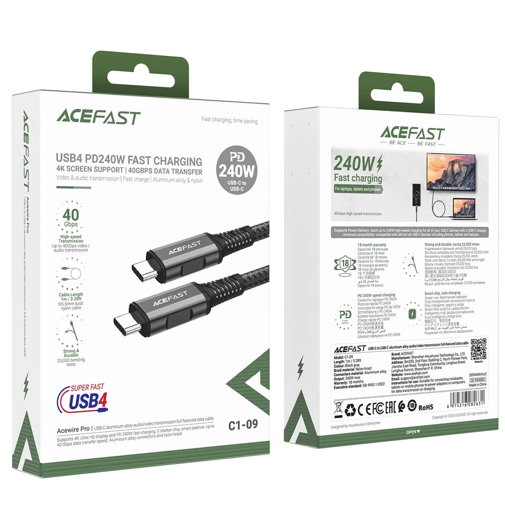 Kabel Acefast C1-09 USB-C / USB-C USB4 PD3.1 5A 1m - sivo-črn 5