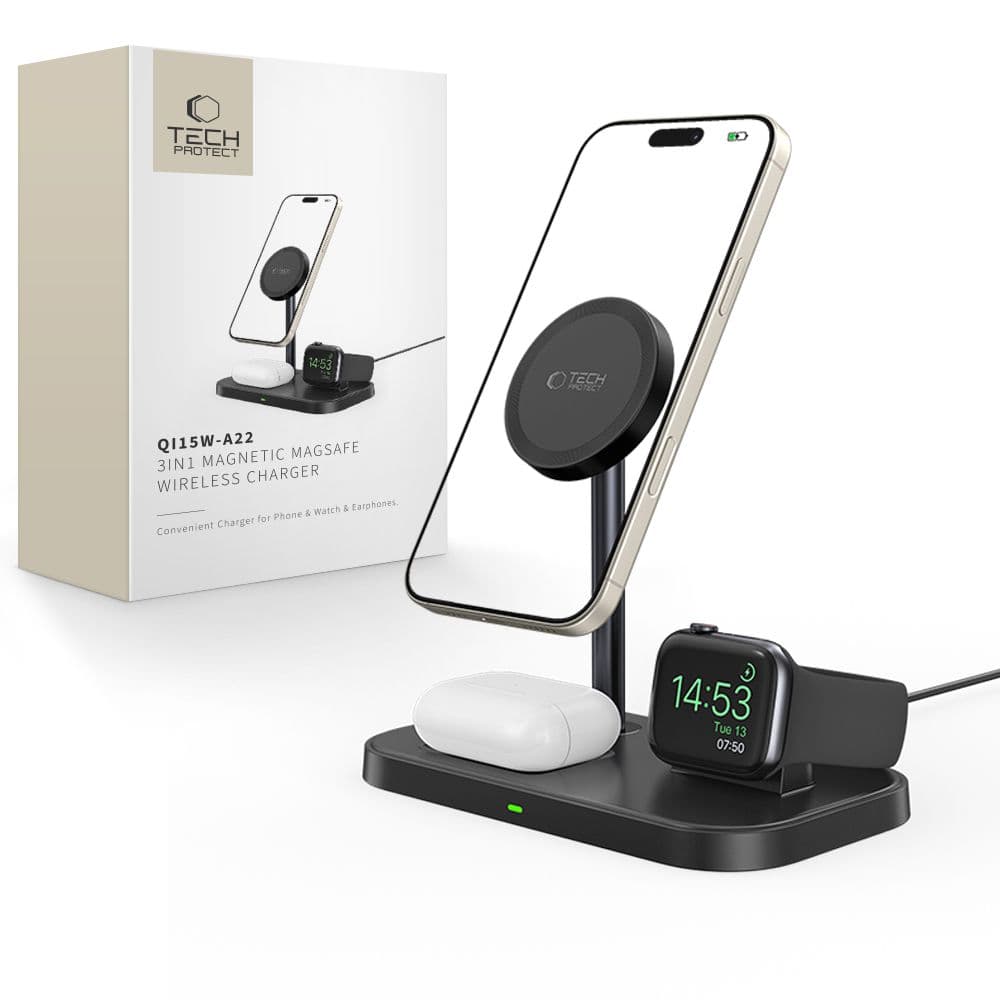 Tech-Protect QI15W-A22 MagSafe induktivni polnilnik s postajo 3v1 - črna