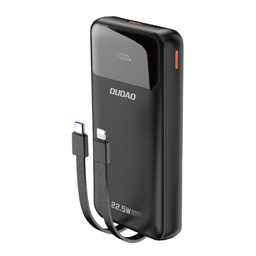 Powerbank Dudao K15Pro 20000mAh 22,5W PD USB-C/USB-A + vgrajena kabla Lightning in USB-C - črn