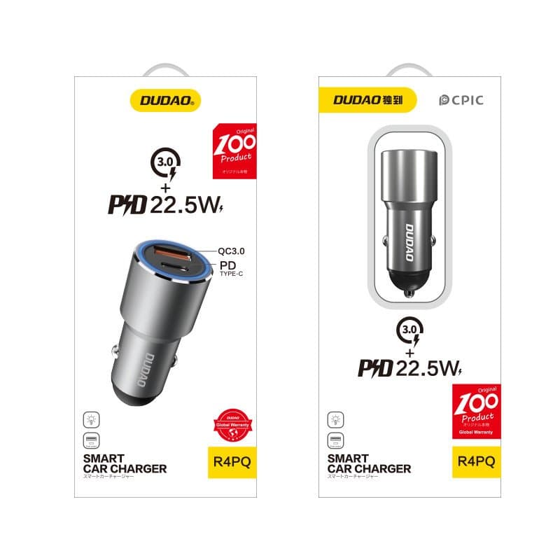 Avto polnilnik Dudao USB/USB-C PD Quick Charge, 22.5W, siv 5