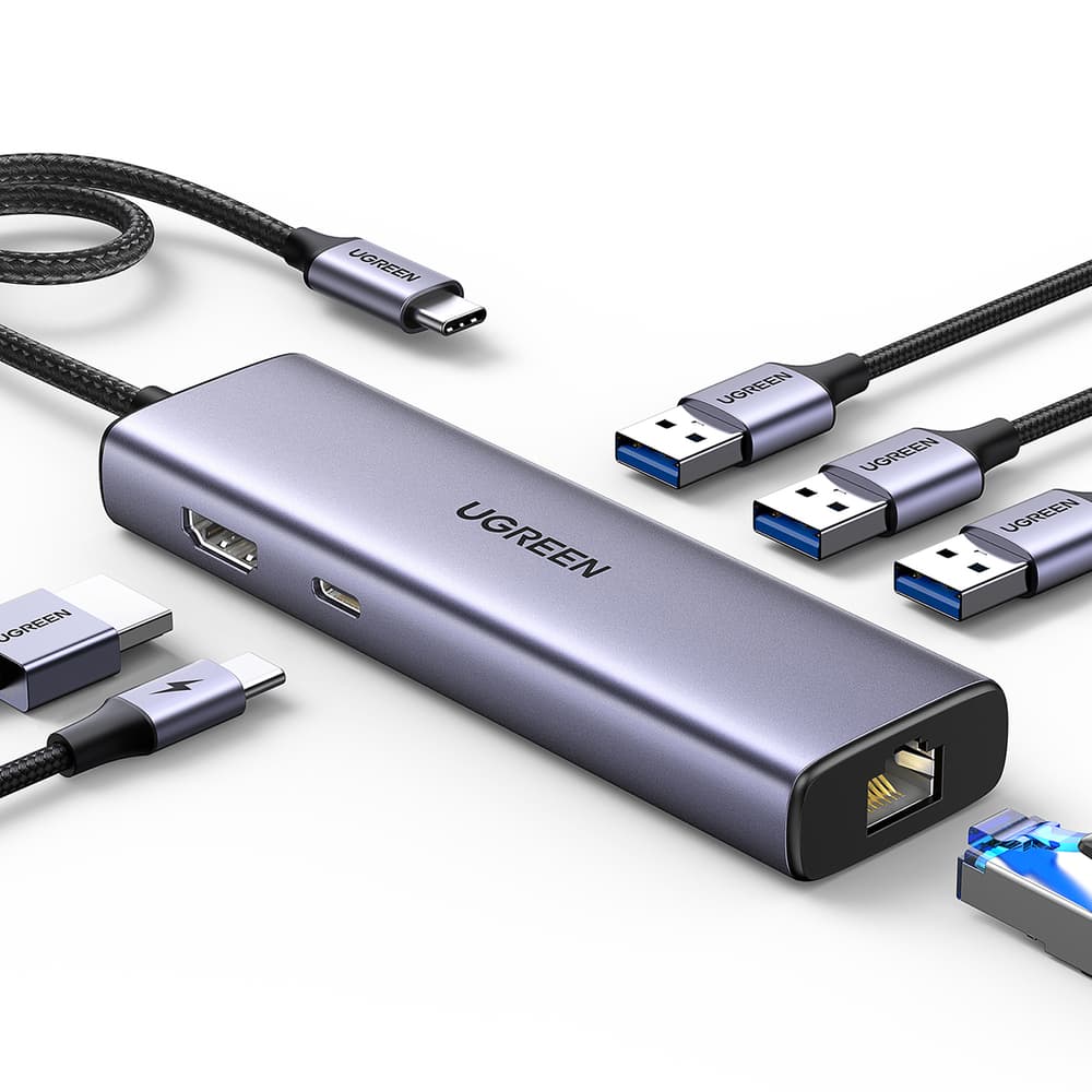 HUB Ugreen CM512 6v1 USB-C - 3x USB-A 3.0 / HDMI / RJ45 / USB-C PD, siv