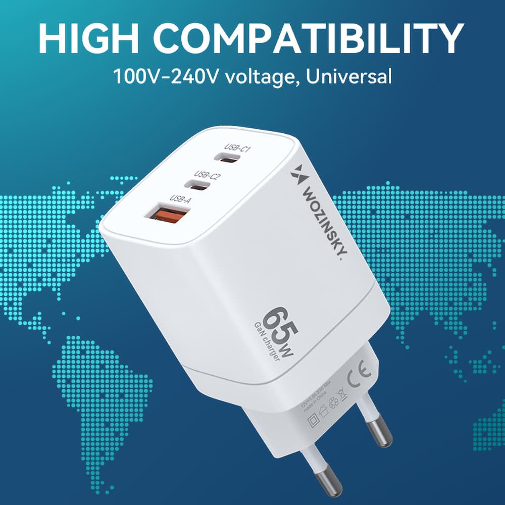 Wozinsky CGWCW 65W GaN stenski polnilec, 1xUSB-A / 2xUSB-C, bel 6
