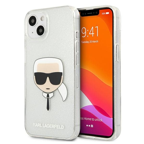 Karl Lagerfeld ovitek za iPhone 13 mini – Glitter Karl's Head, srebrn