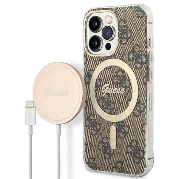 Set Guess ovitek + polnilnik za iPhone 13 Pro (rjav/rjav) 4G Print MagSafe
