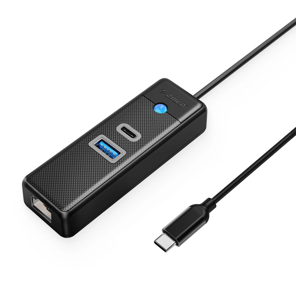 Orico PW3UR25-C3 USB hub s 3 vrati (1x USB-A 3.0 + 1x USB-C 3.0 + 1x RJ45 2.5G), 1.8m, črn