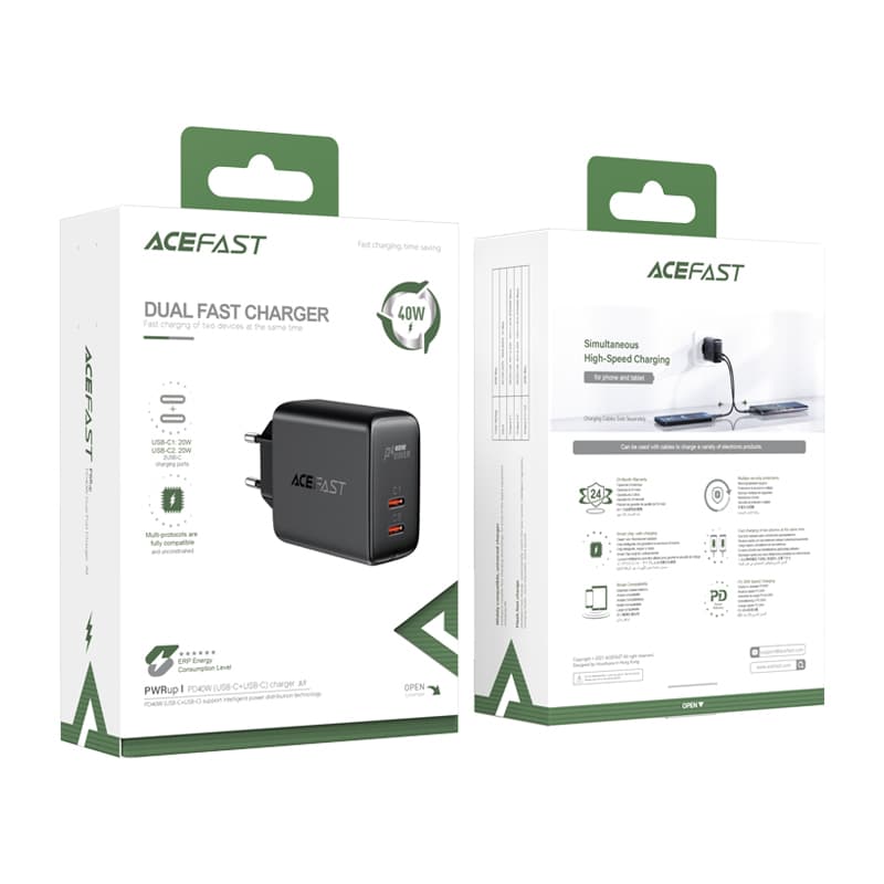 Acefast polnilnik 2x USB-C 40W, PD, QC 3.0, AFC, FCP, črn (A9) 5