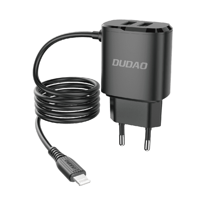 Polnilnik Dudao 2x USB + Lightning kabel, 12W, črn