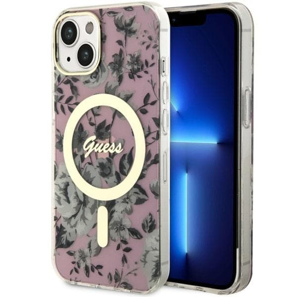 Guess ovitek za iPhone 14 Plus 6.7" roza Flower MagSafe