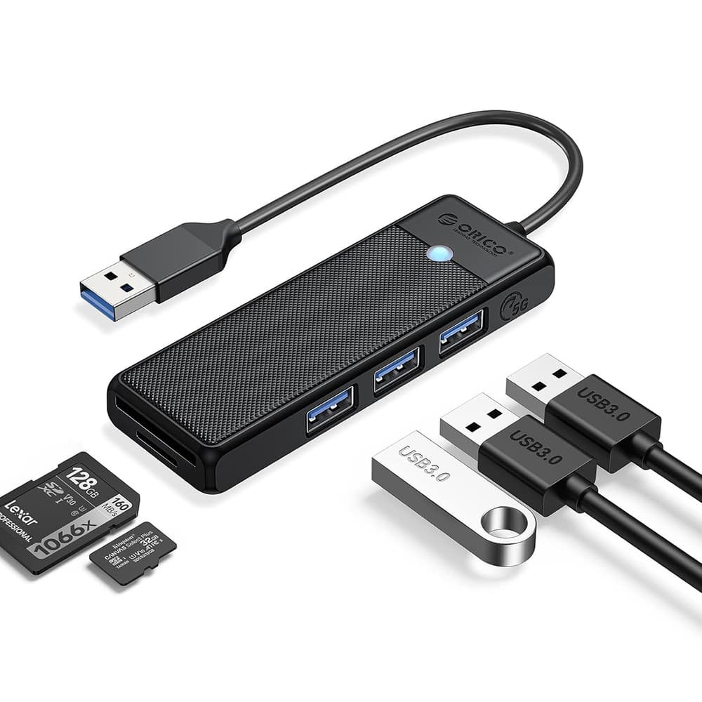 Orico PAPW3AT-U3 USB Hub, 4-port, 3x USB-A 3.0, bralnik kartic microSD/SD, 1 m, črn