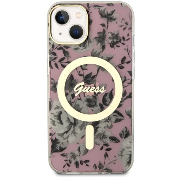 Guess ovitek za iPhone 14 Plus 6.7" roza Flower MagSafe 3