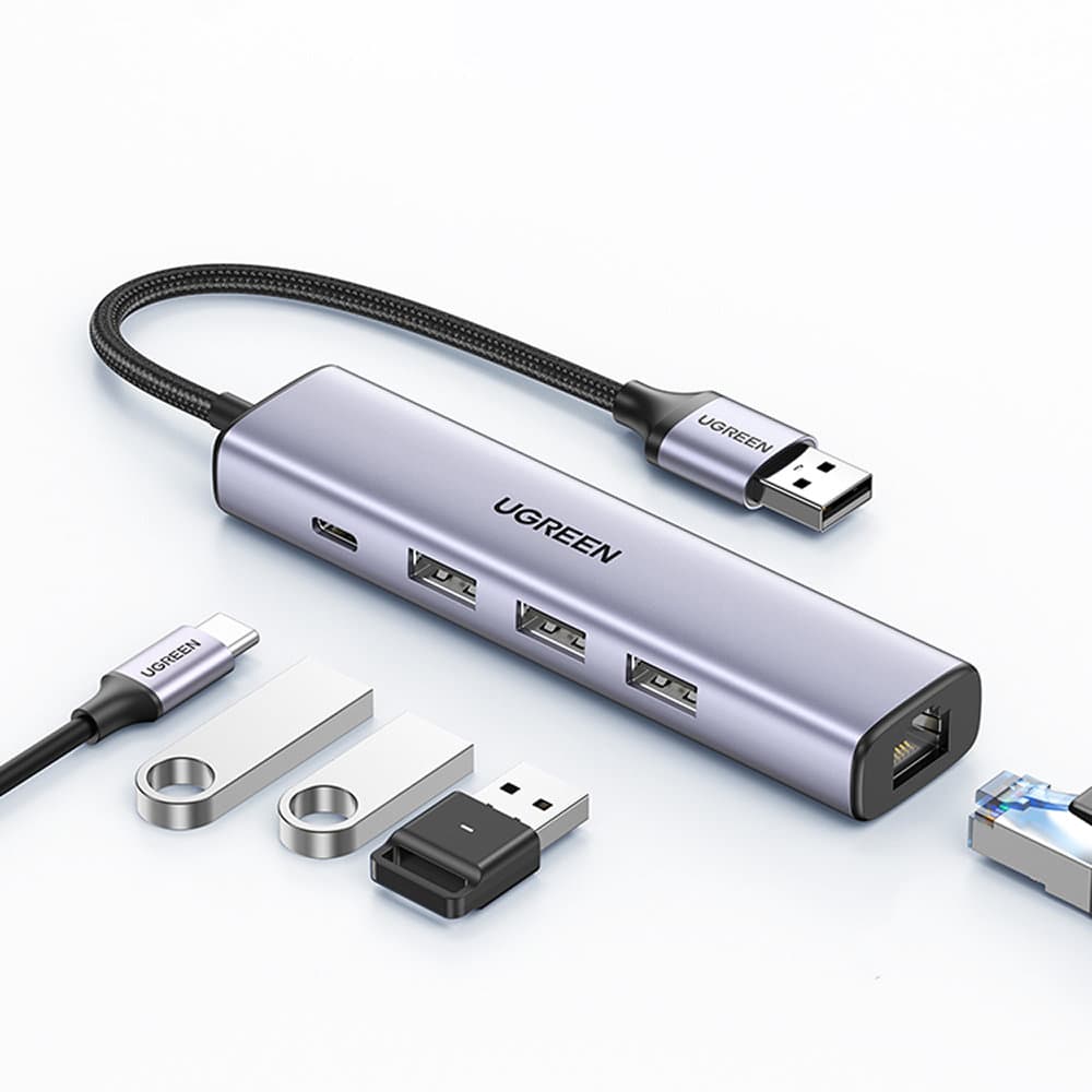 Ugreen večfunkcijski HUB adapter USB 3.0 - 3x USB / Ethernet RJ-45 / USB-C PD, siv