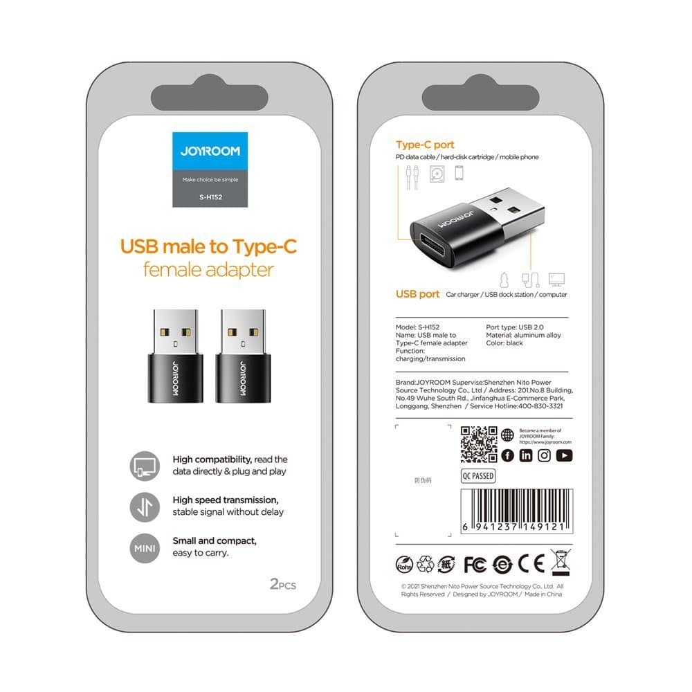 Joyroom adapter USB-C (ženski) na USB-A (moški) 2 kosa, črn 5
