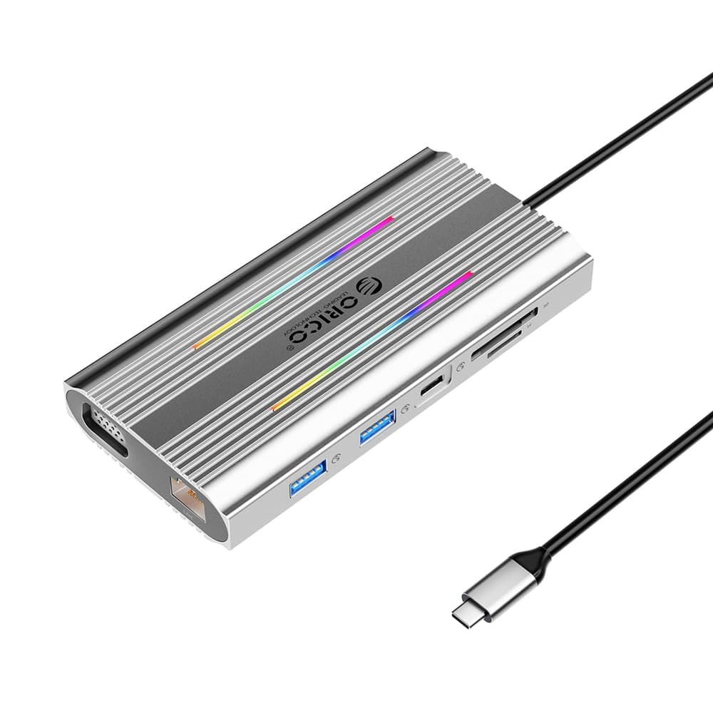 Orico XDR 12v1 RGB USB-C Docking Station (2x HDMI 4K, 1x VGA, RJ45...) - siva