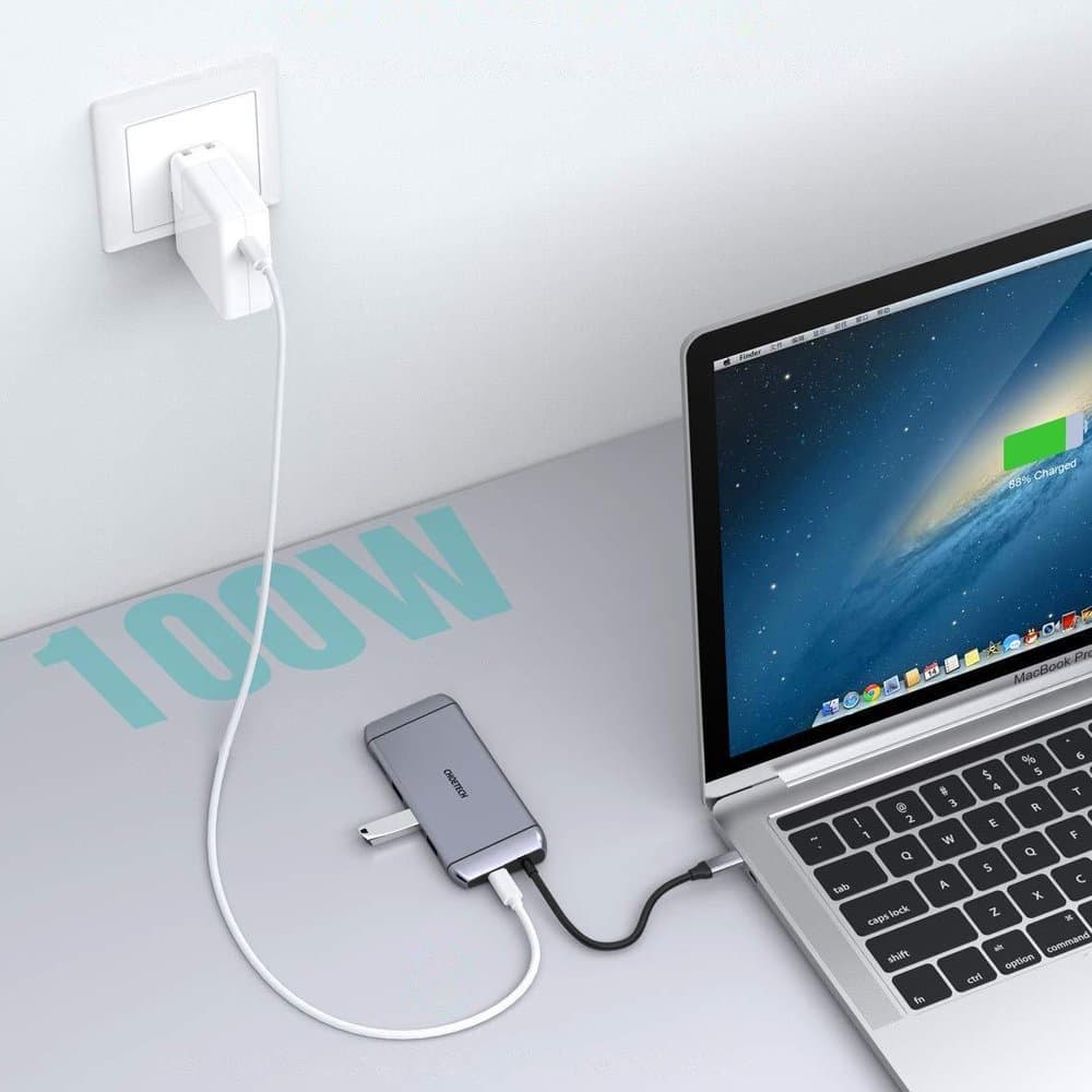 Choetech 9v1 USB C HUB adapter - HDMI, VGA, USB 3.2, RJ45, sivi HUB-M15 4