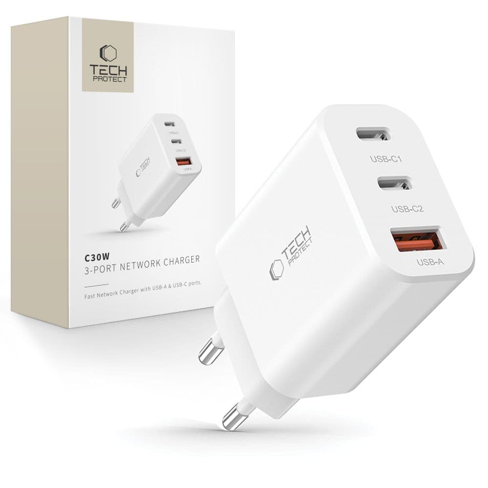 Tech-Protect NC30W polnilec 2x USB-C PD 30W / USB-A QC 3.0 - bel