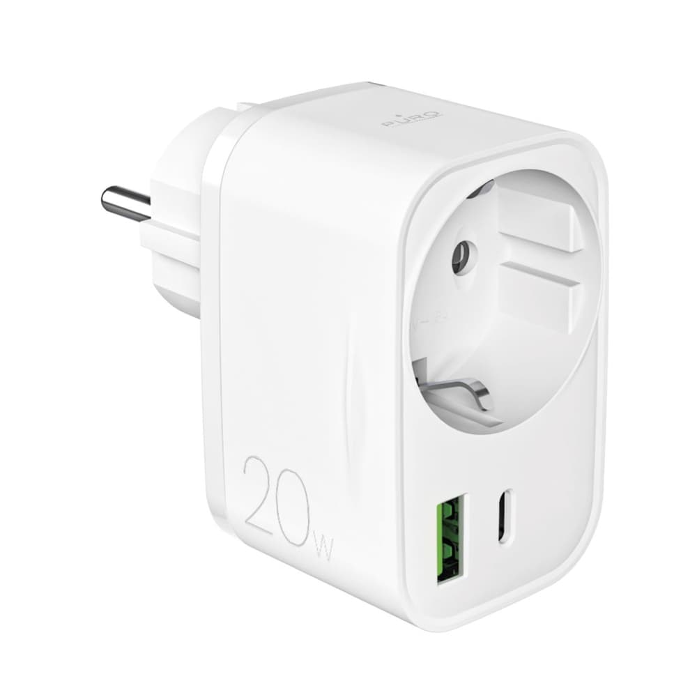 Puro 20W PD polnilnik s Schuko vtičnico, 1xUSB-C + 1xUSB-A, bel