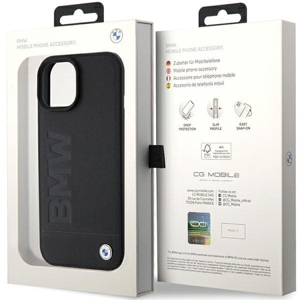 Etui BMW Leather Stamp MagSafe za iPhone 15 Plus - črna 8