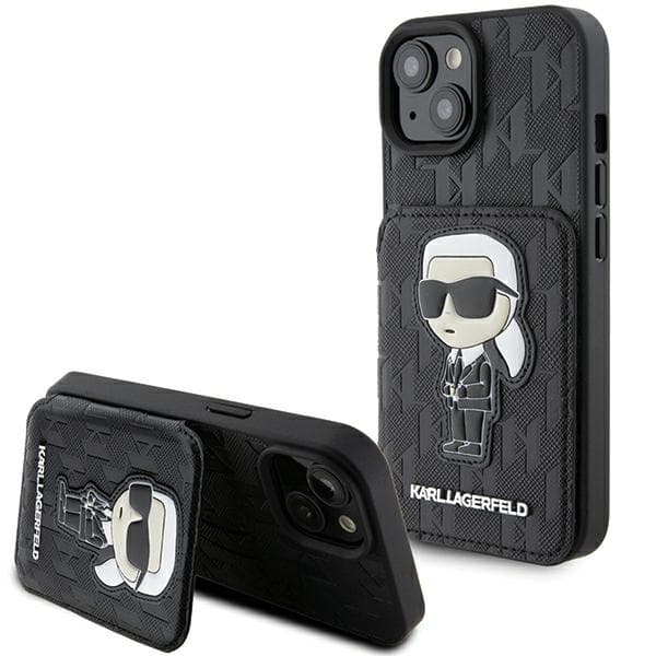 Karl Lagerfeld ovitek Saffiano Monogram Ikonik Patch za iPhone 15 - črn