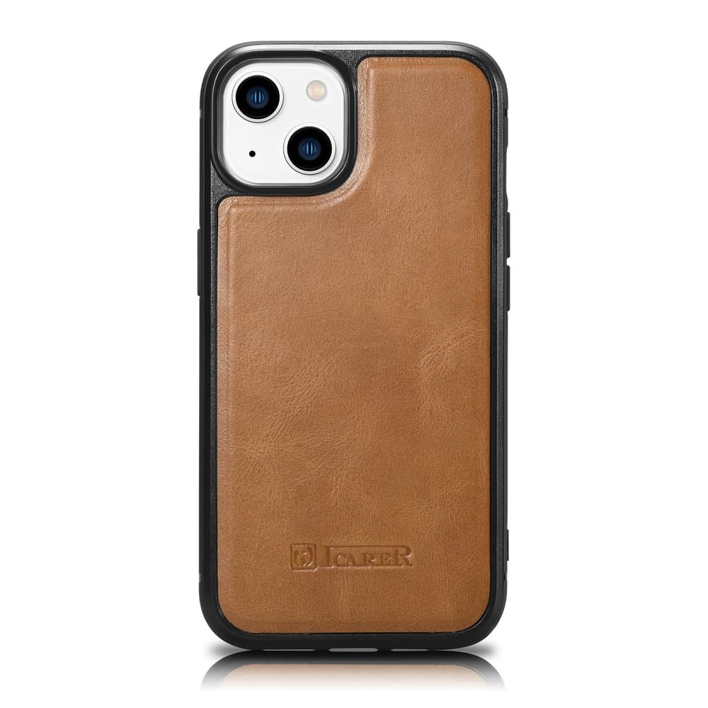 Ovitek iCarer iz naravnega usnja za iPhone 14 Plus, rjav