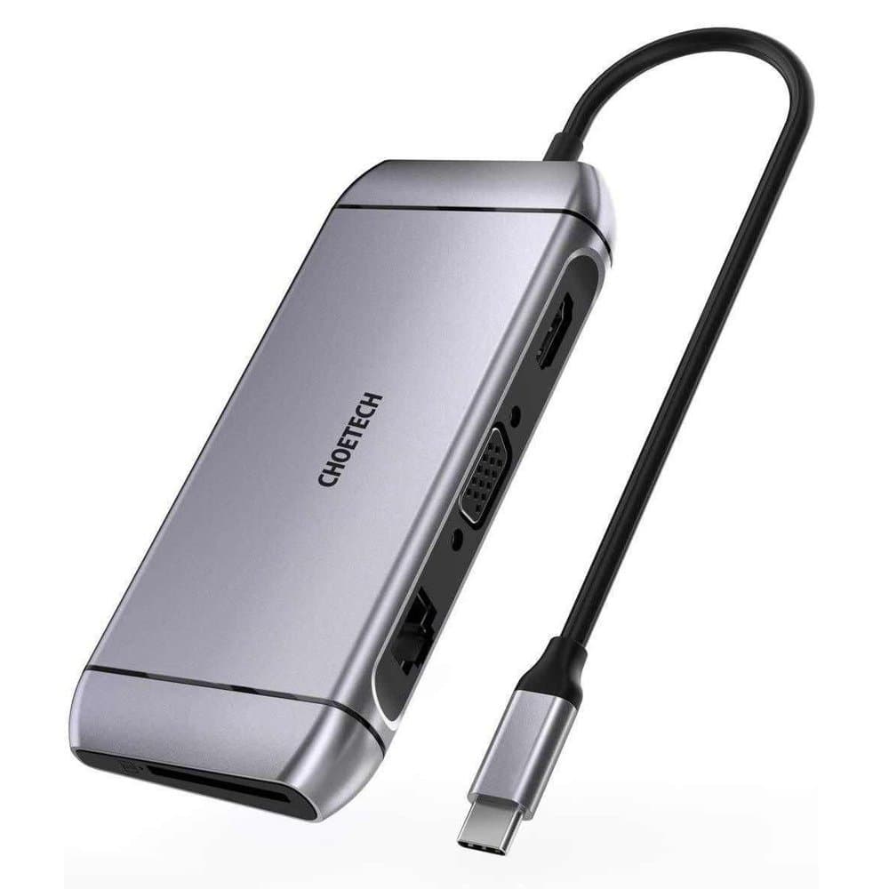Choetech 9v1 USB C HUB adapter - HDMI, VGA, USB 3.2, RJ45, sivi HUB-M15