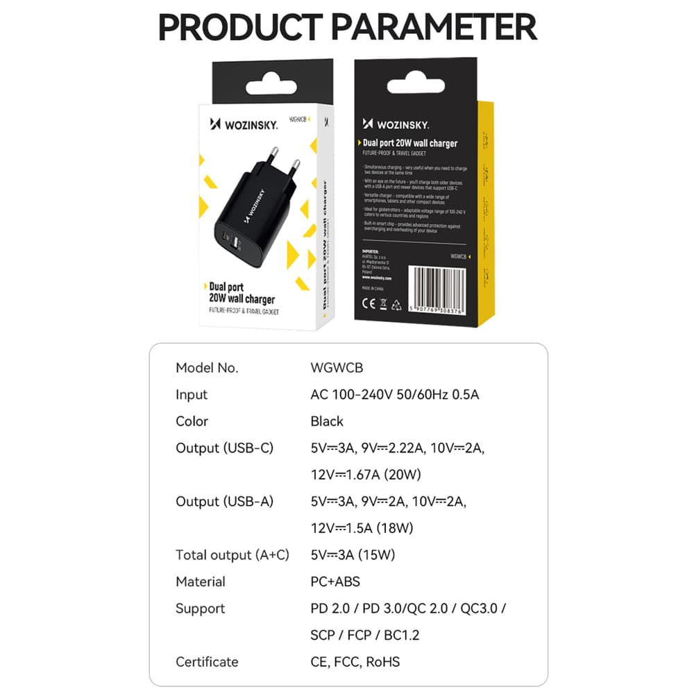 Stenski polnilnik Wozinsky WGWCB 20W, USB-A + USB-C - črn 5
