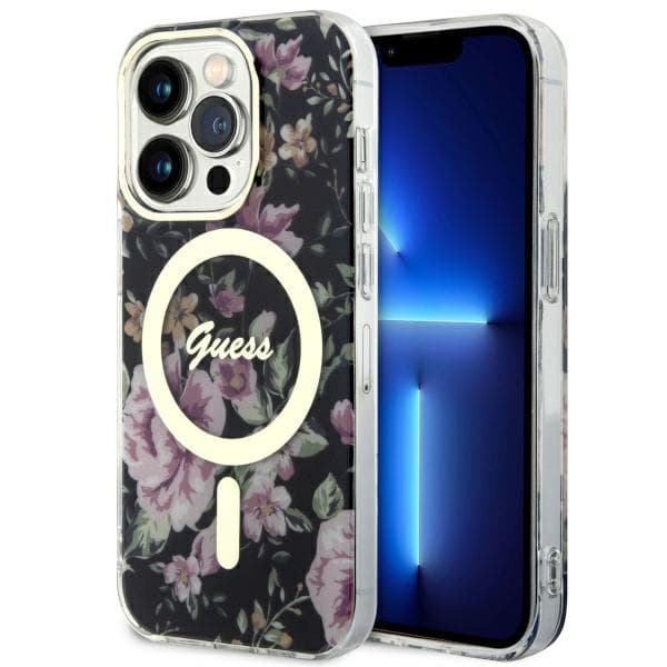 Guess ovitek za iPhone 14 Pro 6.1" črn Flower MagSafe
