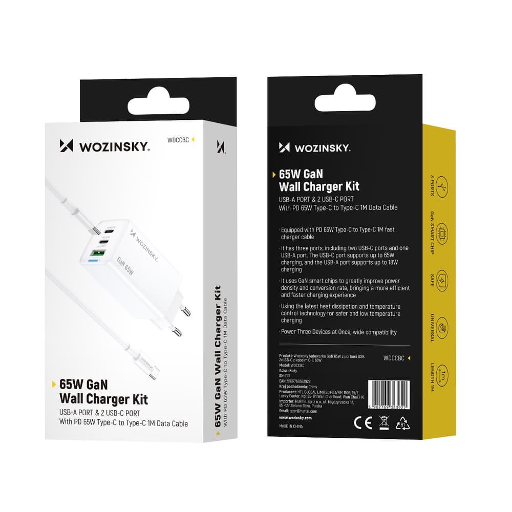 Wozinsky GaN 65W polnilnik USB-A, 2xUSB-C, s kablom USB-C - bel 5
