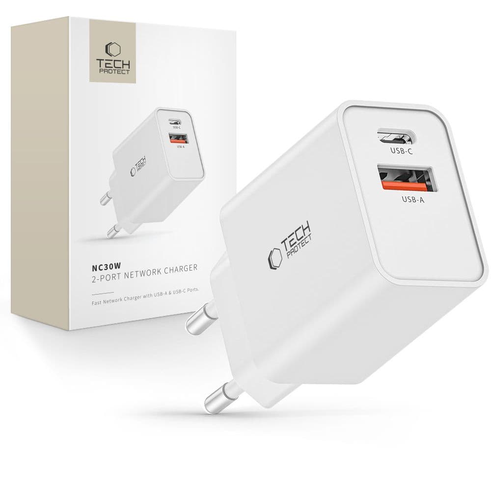 Tech-Protect NC30W USB-C PD 30W / USB-A QC 3.0 polnilec - bel