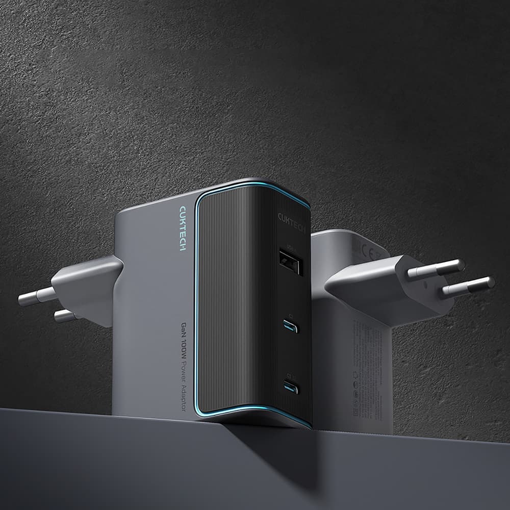 Cuktech GaN 100W stenski polnilnik 2x USB-C, 1x USB-A s kablom - siv 3