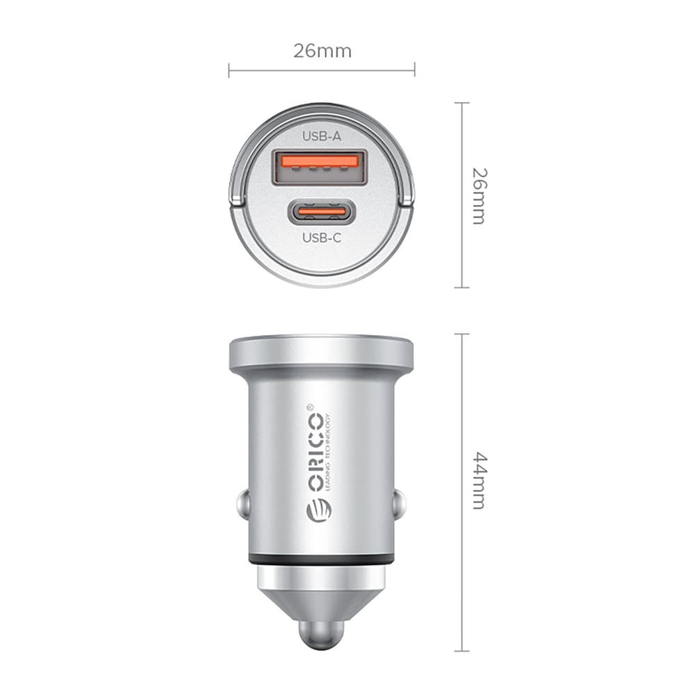 Orico MiniRing Pro 45W avtomobilski polnilnik, USB-A + USB-C - srebrn 2