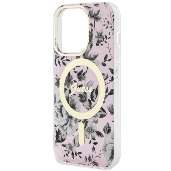 Guess ovitek za iPhone 14 Pro 6.1" roza Flower MagSafe 6