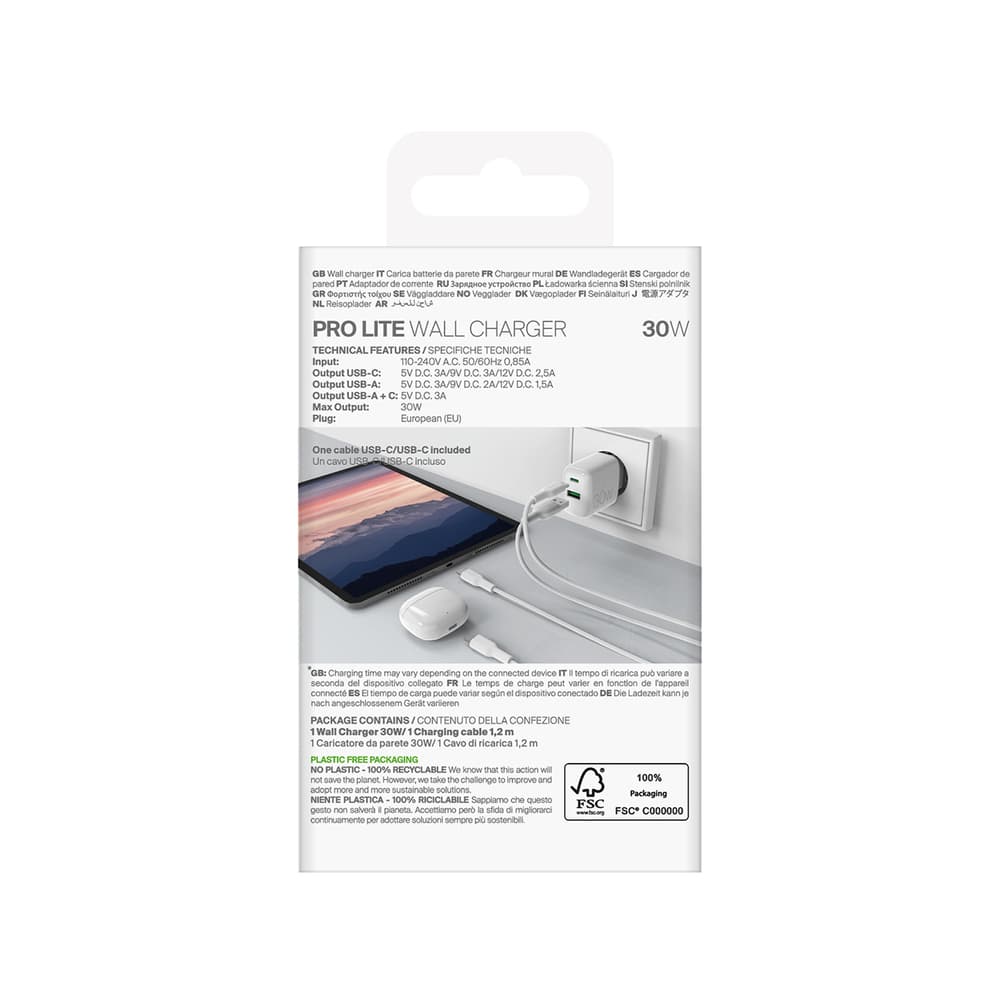 Puro PROLITE 30W stenski polnilec USB-A + USB-C + kabel USB-C -> USB-C 1.2m - bel 3