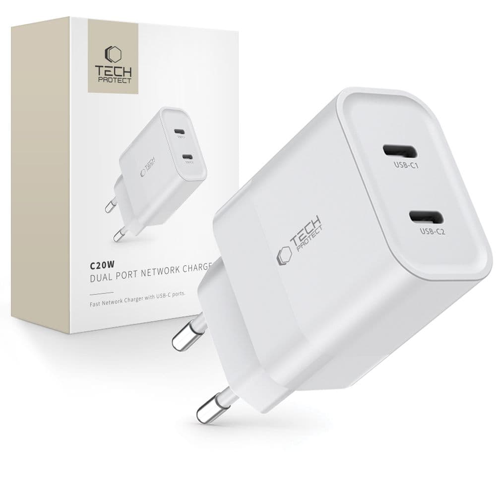 Tech-Protect C20W polnilnik 2x USB-C PD 20W - bela