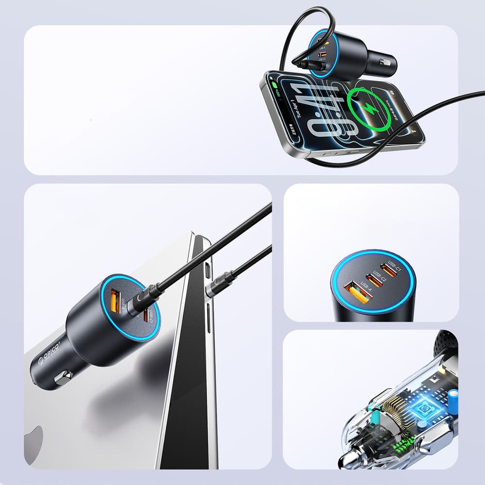 Orico HyperDrive 165W avtomobilski polnilnik, USB-A + 2x USB-C - črn 4