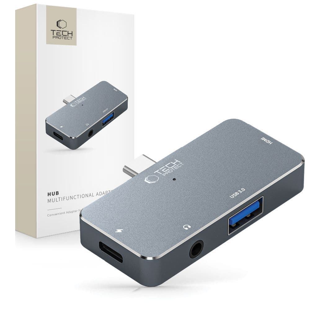 Pesto Tech-Protect V6 4v1 USB-C - HUB (HDMI, USB-A, PD 100W) sivo