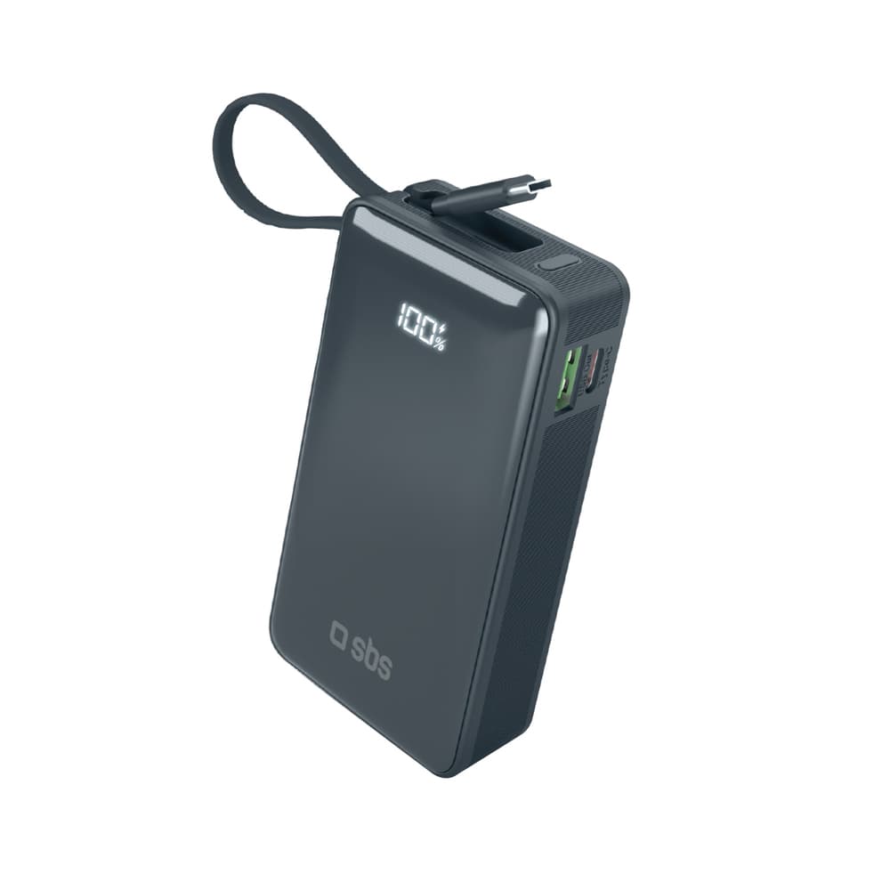 Powerbank SBS 10000 mAh 20W, vgrajen kabel USB-C, zaslon - Temno siva