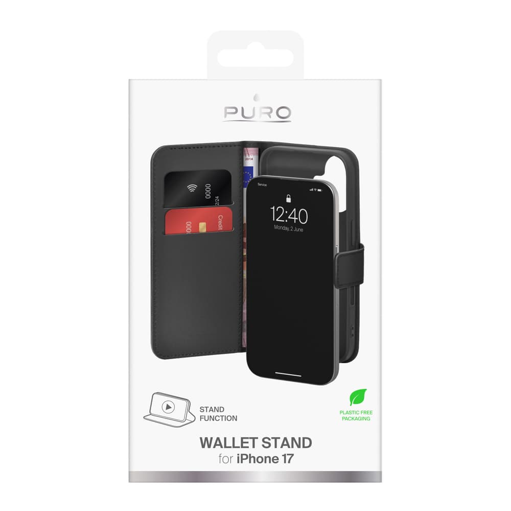 Puro Wallet Stand ovitek za iPhone 17, eko usnje, črn 2