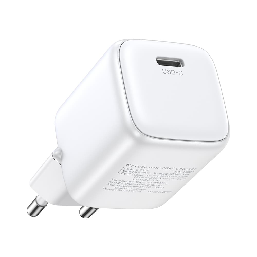 Omrežni polnilnik Ugreen Nexode mini CD318 GaN 20W USB-C PD 3.0 / QC 4.0 - bel
