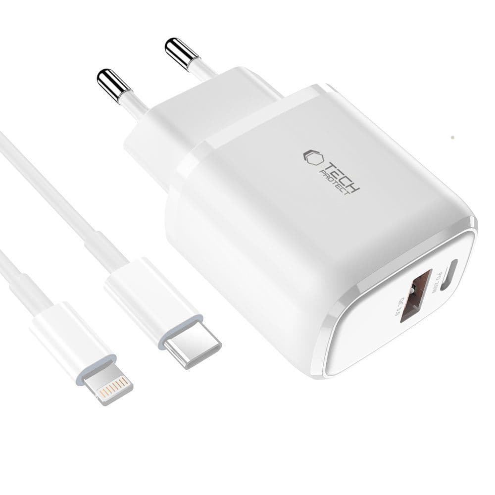 Tech-Protect C20W polnilnik USB-C PD 20W / USB-A QC 3.0 s kablom USB-C / Lightning - bel 2