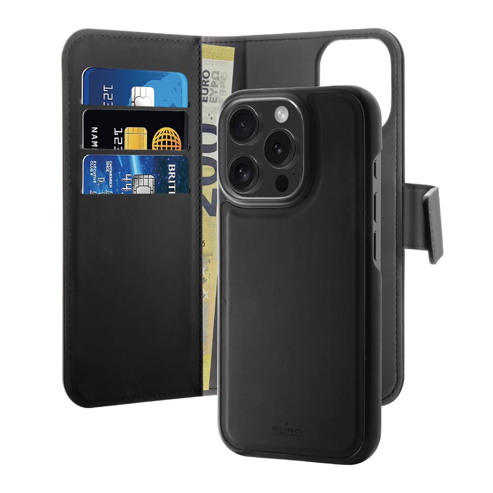 Puro Wallet Detachable 2v1 ovitek z denarnico za iPhone 16 Pro - črn