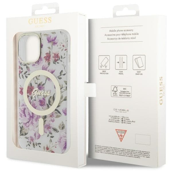 Ovitek Guess Flower MagSafe za iPhone 14, prozoren 8