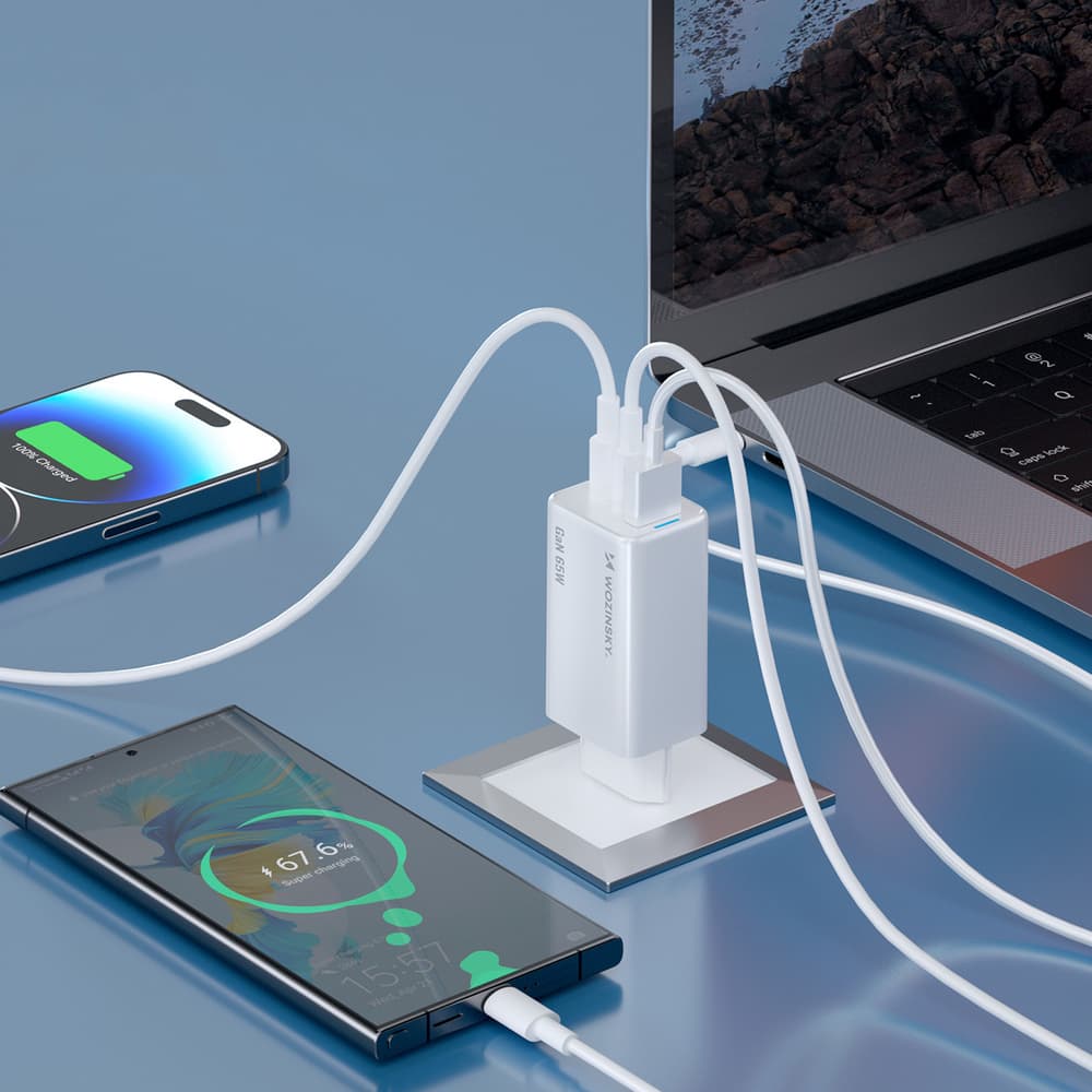 Wozinsky GaN 65W polnilnik USB-A, 2xUSB-C, s kablom USB-C - bel 7