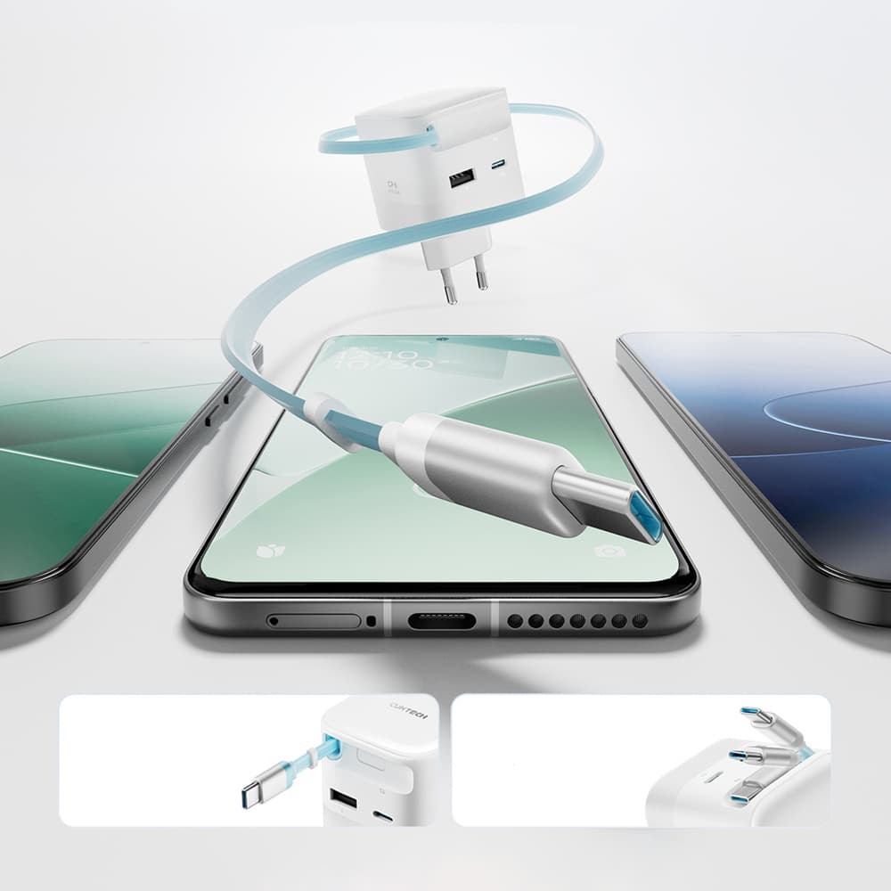 Cuktech AD653W 67W GaN polnilnik 2x USB-C + USB-A z izvlečnim kablom - Bel 4