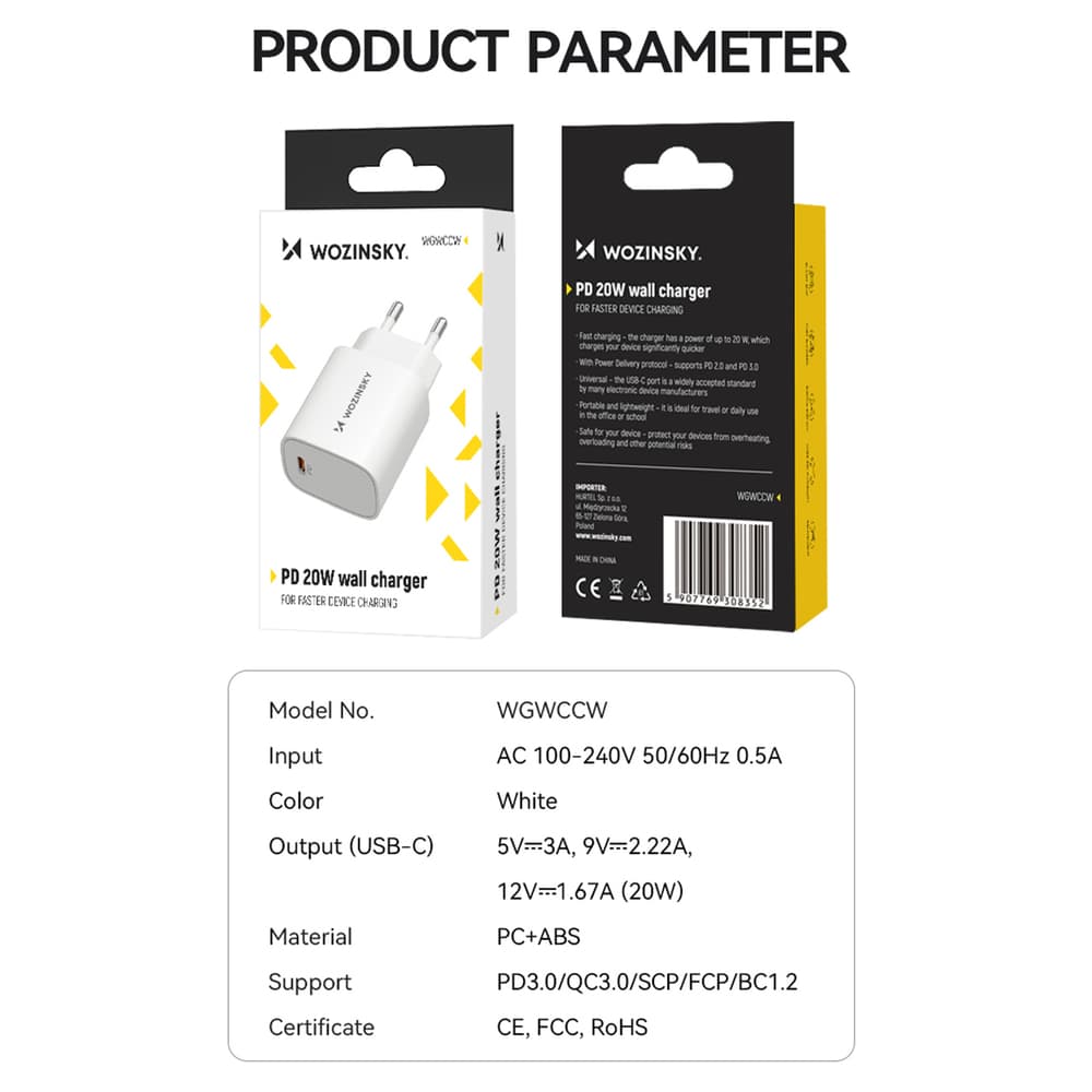 Stenski polnilnik Wozinsky WGWCCW 20W, USB-C - bel 4