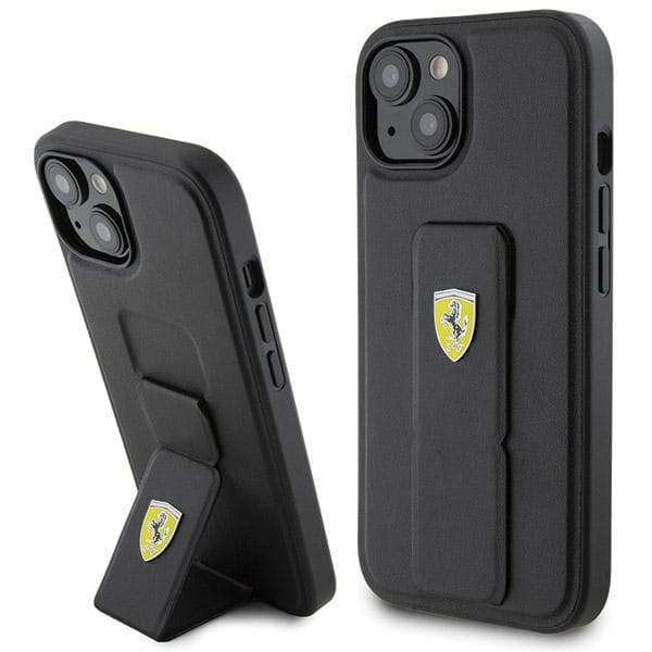 Ovitek Ferrari Grip Stand Metal Logo za iPhone 15 - črn